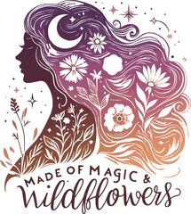 Artistic female silhouette blended with blooming wild flowers and flowing lines. Generative AI.