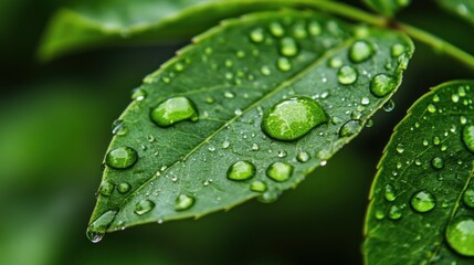 Close-up of a lush green leaf, glistening with dew drops.  Vibrant, natural detail