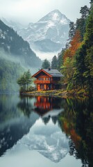 Obraz premium Lakeside cabin with reflection on the still water, surrounded by mountains and trees