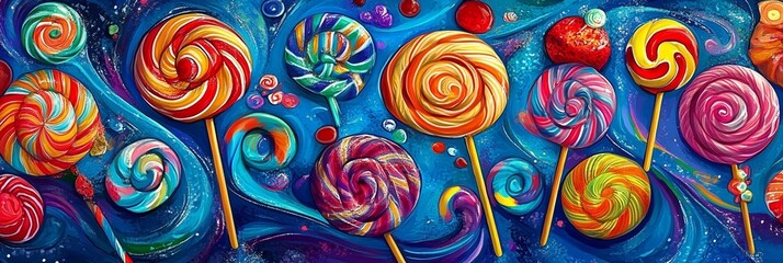 
Colorful candy and lollipops arranged in swirls on a blue background, digital art, high resolution.