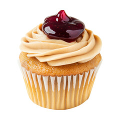 Vanilla cupcake topped with creamy swirl frosting and berry jam, isolated on white transparent background, concept of dessert.
