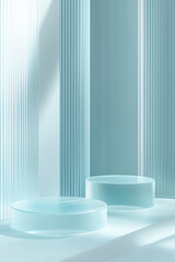 A minimalist abstract design featuring translucent glass like podiums with soft, vertical light blue lines in the background, creating a serene and modern atmosphere.

