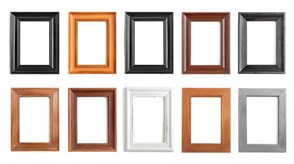 Ten Empty Picture Frames in Various Wood Tones and Colors, PNG