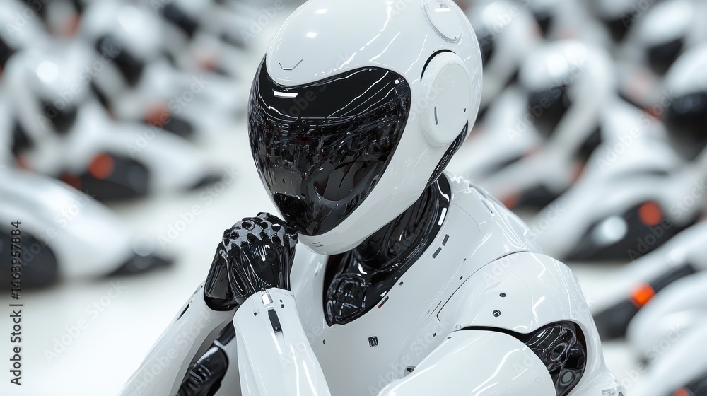 Poster contemplative robot in a factory of identical units