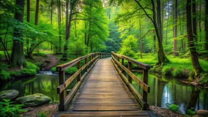 Fototapeta premium Wooden bridge spanning over a tranquil stream in lush green forest with tall trees and vibrant foliage on either side