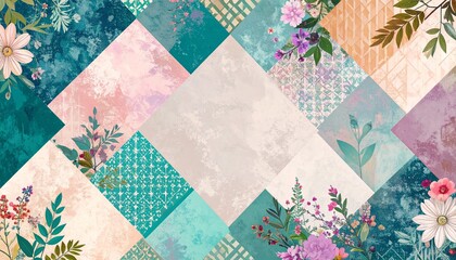 A creative geometric background with floral elements and mixed textures presents a visually rich and modern collage, perfect for stylish printed or digital designs like posters and invitations