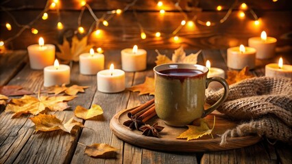 Warm beverage in a rustic mug on a wooden table surrounded by twinkling candles and fallen leaves , cozy, candlelight