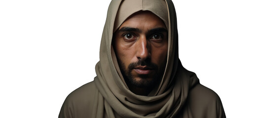 Portrait of a Man with a Calm and Serene Expression, Dressed in a Traditional Head Covering