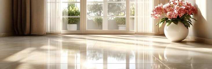 Sunlit Polished Beige Floor Reflecting Light Pink Flowers in White Vase Green Window View