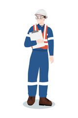 Industrial worker or engineer in safety vest and hard hat holding a clipboard. Inspection or report concept. Vector illustration isolated on white background.