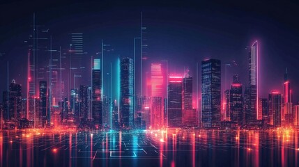 Fototapeta premium A neon-lit city skyline with a holographic roadmap of business success 