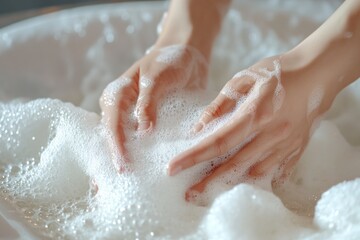 Close-up of hands scrubbing white fabric in soapy water, laundry detail