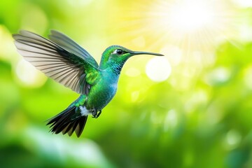Close-up Portrait of a Beautiful Hummingbird in Vibrant Flight: Green Violetear (Colibri thalassinus)
