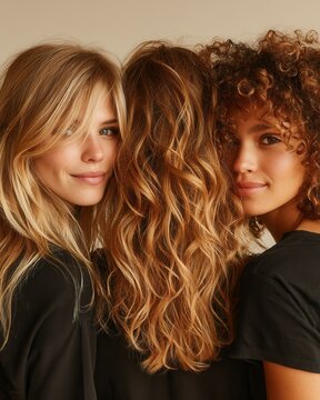 Three Smiling Women with Diverse Hair: Blonde Wavy, Bronde Wavy, Brunette Curly, Beauty, Hairstyle Variety, Close-up Portrait