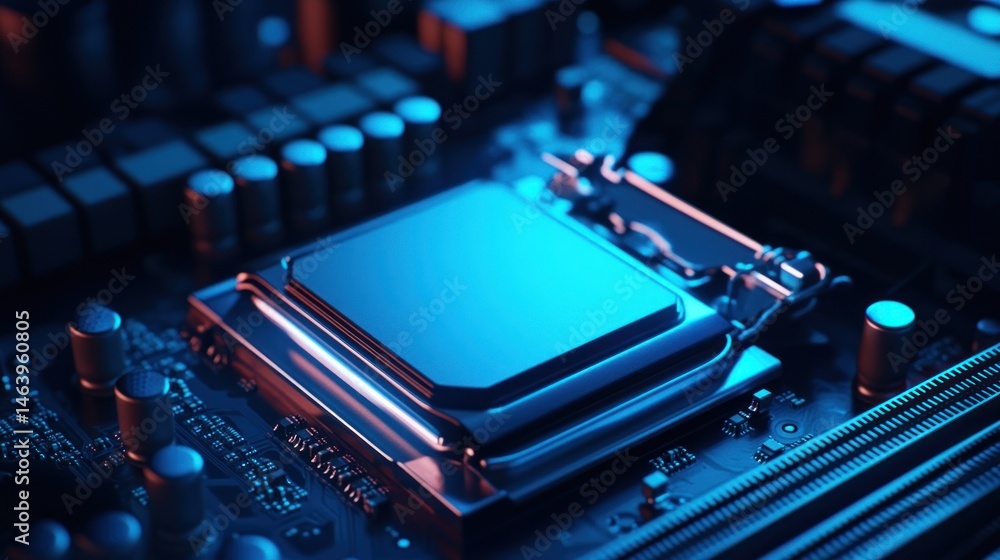 Poster close-up view of a computer cpu, illuminated with blue and red light, showcasing intricate details o