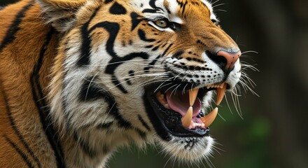 Naklejka premium Majestic Tiger Close Up Ferocious Snarl Orange Fur Wild Cat Portrait