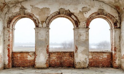 Three Arched Windows in a Crumbling Brick Ruin