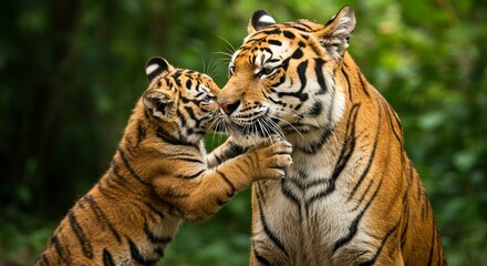 Obraz premium Adorable Tiger Cub Tenderly Nuzzling Mother in Lush Green Forest Habitat