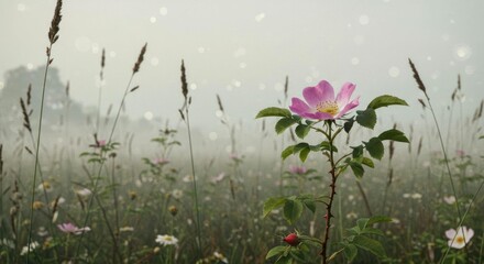 Obraz premium Wild roses in misty meadow. Peaceful scene.