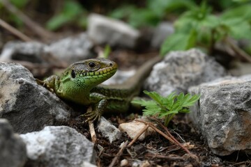 Green Lizard Among Rocks: A Vivid Natural Portrait