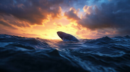 Majestic Whale Breaching at Sunset Over the Ocean Waves Against a Dramatic Sky