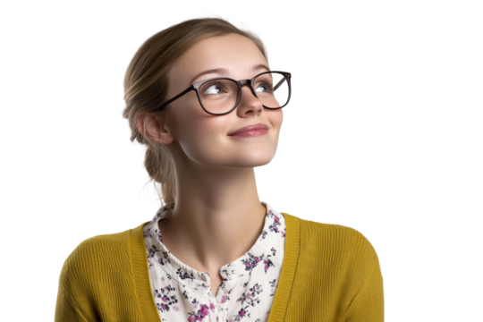 Smiling woman with glasses looking up thoughtfully, cut out transparent