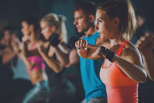 Group fitness class with people doing boxing moves