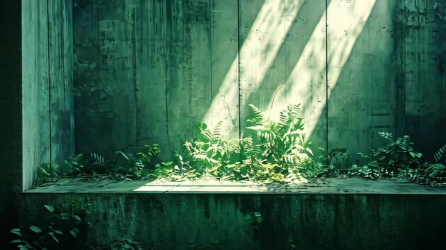 Sunbeams illuminate ferns sprouting from a weathered concrete wall and ledge