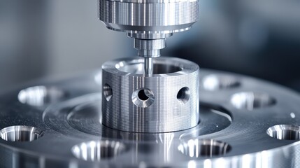 CNC Part. Closeup of Custom-Milled Aluminium Machine Part with Chrome Drill Element