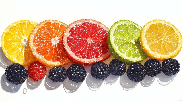 A vibrant watercolor painting showcases sugared citrus fruit slices alongside fresh blackberries and raspberries creating a delightful and colorful arrangement.
