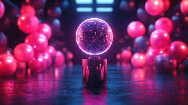 Neon Glow: Crystal Orb Amidst Pink Balloons - Powered by Adobe