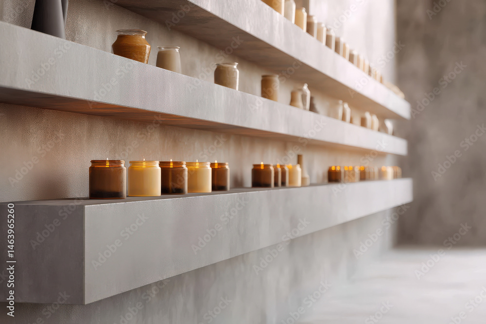 Poster a minimalist candle shop features well-organized shelves displaying an array of candles in various j