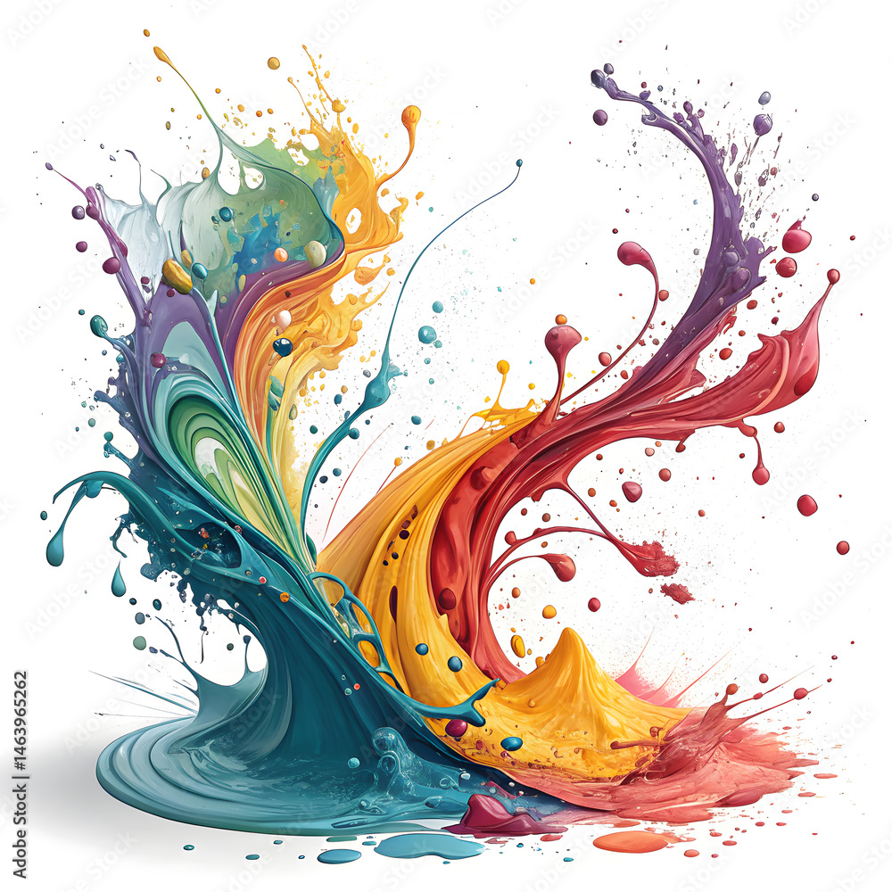 Poster a vibrant explosion of colorful paint creating a dynamic and artistic splash on a white background