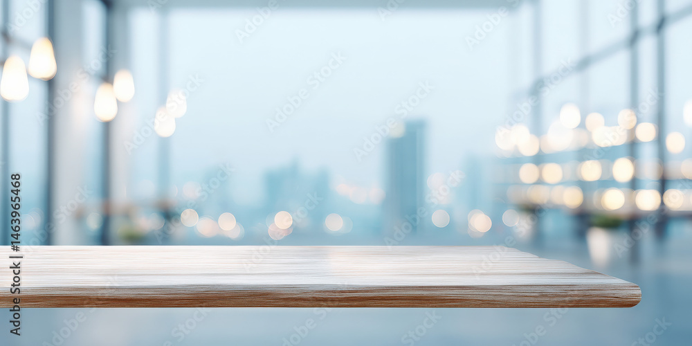 Aufkleber clean wooden table surface in a bright urban setting with a blurred background of modern buildings a