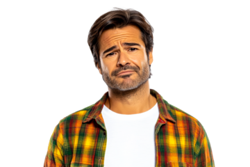 Sad man in flannel shirt with dubious expression, cut out transparent