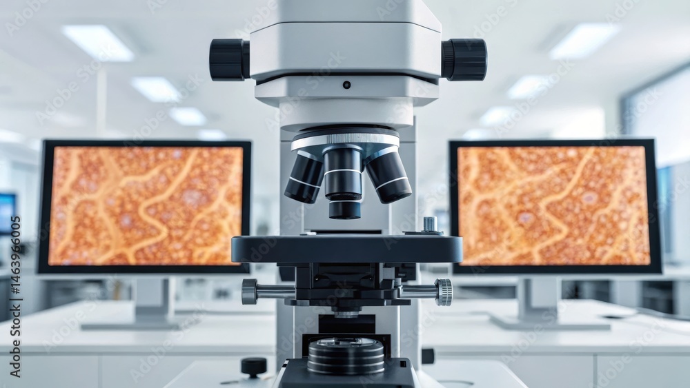 Poster microscope placed in a laboratory, featuring two screens displaying magnified samples, emphasizing a
