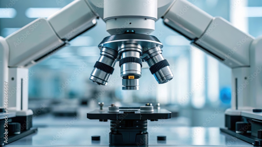 Poster close-up of a microscope with multiple lenses, emphasizing advanced scientific equipment in a labora
