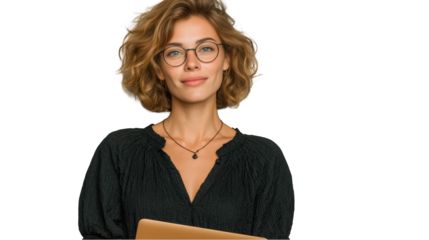 Portrait of a confident young woman with short curly blonde hair wearing stylish glasses and a dark blouse holding a tablet on transparent background