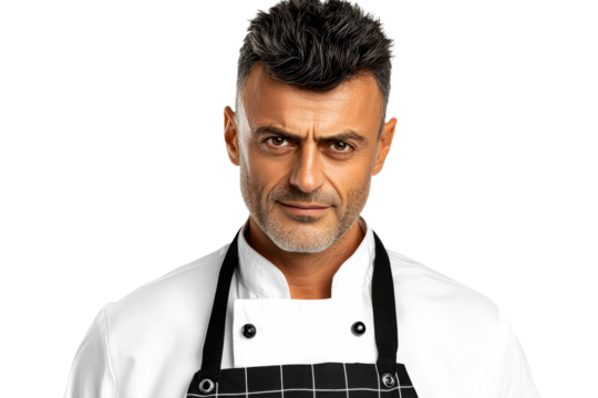 Serious man chef in uniform portrait, cut out transparent