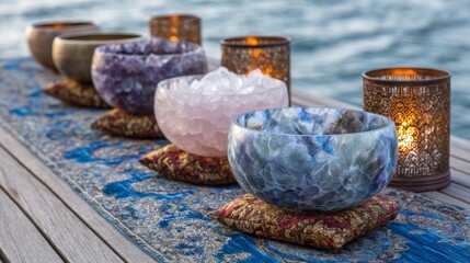 close up of sound healing with crystal singing bowls for the health and wellbeing of patients.