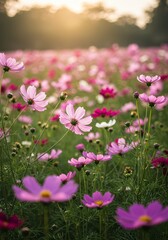 Lush Cosmos Flower Field with Morning Sunlight and Dewy Petals
