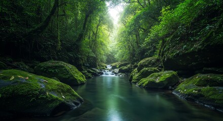 Obraz premium Lush Forest River Scene Green Nature Landscape Stream Jungle