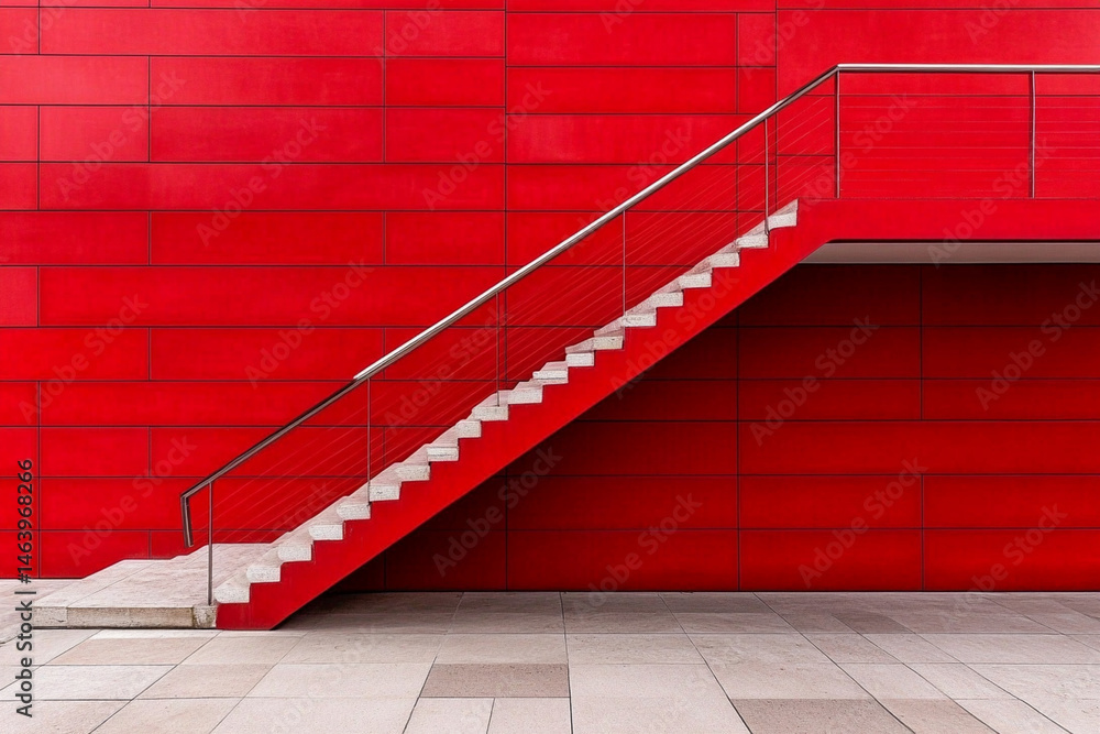 Poster dynamic red staircase with bold geometric shapes and striking shadows in an urban setting