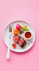 Grilled steak with vibrant vegetables and a side sauce