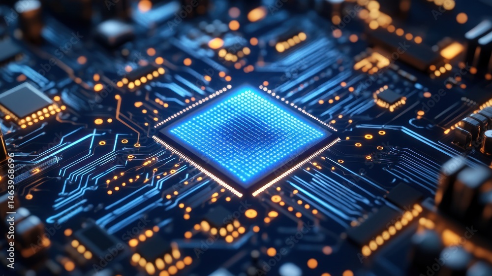Poster close-up of a glowing blue cpu on a circuit board, illuminating the intricate technological design.