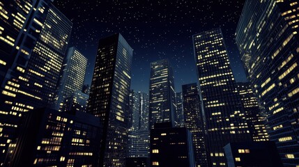 Comic City: Nightime Cityscape with Skyscrapers in Artistic Black