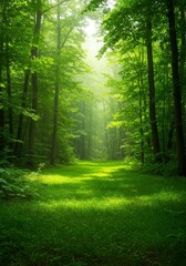 Obraz premium Lush Green Forest Path with Sunlight and Dandelions in Daylight