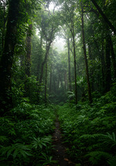 Obraz premium Lush Green Forest Path Photo Featuring Trees Sunlight and Nature