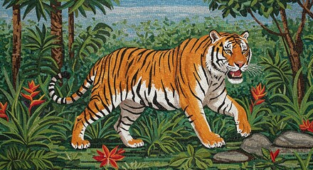 Majestic Tiger Mosaic Artwork Wildlife Jungle Scene in Vibrant Colors