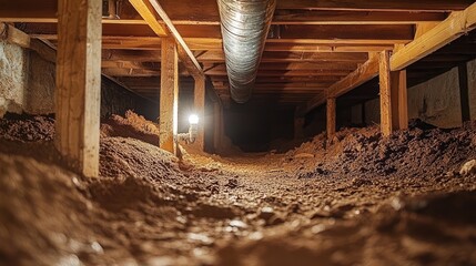 Low Angle Crawl Space With Ductwork, Wooden Framing, Insulation and Bulb Lighting